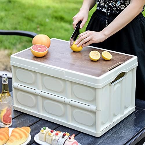 Multifunctional Outdoor Folding Storage Box - Large Capacity, Removable Wooden Panel, Thickened PP Material, Portable for Camping & Picnic (White)