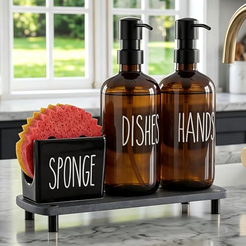 Image of Cisily Amber Kitchen Soap Dispenser Set with Ceramics Sponge Holder