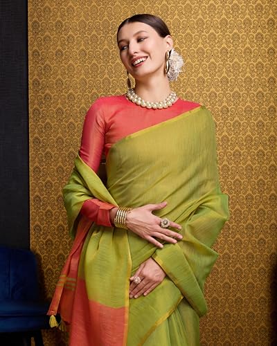 Image of SWORNOF Women's Linen Cotton Silk Saree with Unstitched Blouse Piece | Saree for Women | Saree with Blouse Piece | Soft and Skin Friendly