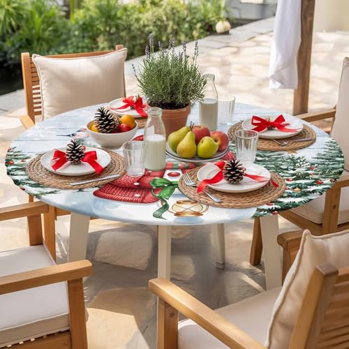 Fitted Tablecloth for Round Table,Snowman Christmas Tree Table Cover with Elastic Edge Waterproof Tablecloth,Winter Snowflake Pine Cones Farm Plank Circle Covers for Kitchen 36-44in – Image 8