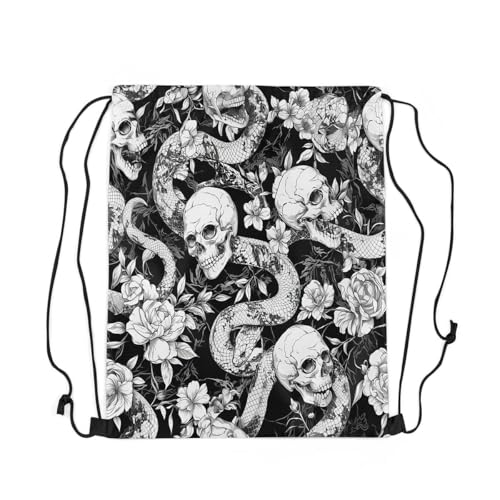 Image of jejeloiu Sugar Skull Drawstring Backpack 13x15.7inch Snake Boho Rose Waterproof Gym Drawstring Bags Goth Art Sports String Backpack Beach Swim Travel Bag Sackpack