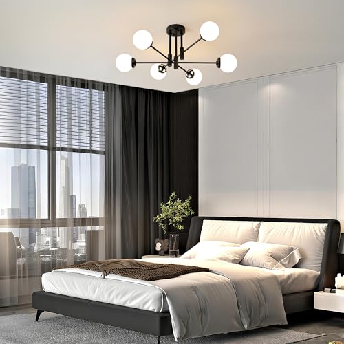 Image of Black Sputnik Ceiling Light Fixture 6 Light with Milk White Glass Shade