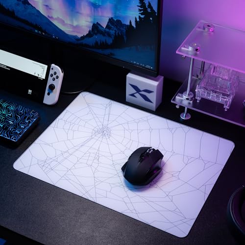 Image of XVX Glass Mousepad for Gaming, White Spider Webs Hard Gaming Mouse Pad, Professional Large Mouse Mat 16.2 inch x 12.2 inch, Special Glass Surface with Improved Precision and Speed