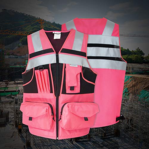 Zuja 3M Reflective Stripes Safety Vest Hi-Vis Pink Knitted Vest With 10 Pockets Bright Construction Workwear For Men And Women. (Pink, Medium) #TOP2