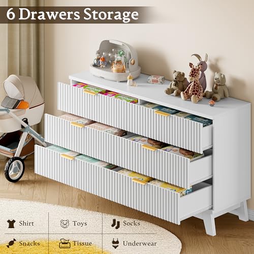 Image of BORNOON Fluted 6 Drawer Dresser, 47.2 inch Wide Modern Boho Chest of Drawers, Wooden Storage Dresser TV Stand for Bedroom, Living Room, Closet, Hallway, Curved Profile Design