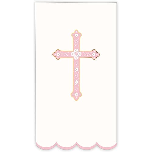 Bonjour Fête Petal Pink Cross Paper Party Guest Towels | 3-Ply Large Napkins for Baptisms, Baby Showers & Christenings | Premium Table Decor | Elegant Party Supplies | Pack of 20, 4.25" x 7.75"