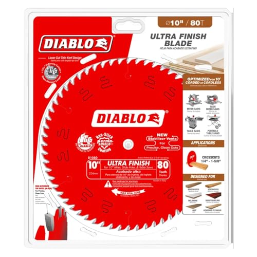 Image of Diablo Ultra Finish Saw Blade for Wood - 10 inch Diameter, 80 Hi-ATB Teeth, 5 /8 inch Arbor, .098 inch Kerf, 15-Degree Hook Angle, .071 inch Plate, 6000 Max RPM - D1080X