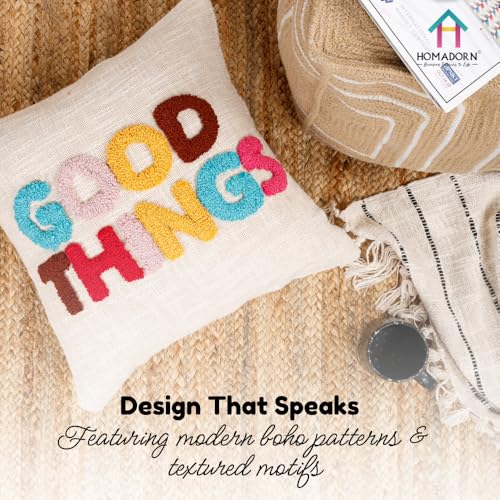 Image of HOMADORN 100% Cotton Hand Tufted Cushion Cover | Text Pattern Decorative Pillow Case | Boho Sofa Cushion Cover for Living Room | Soft & Durable | (16x16 Inches) (1, Good Things Multicolor)