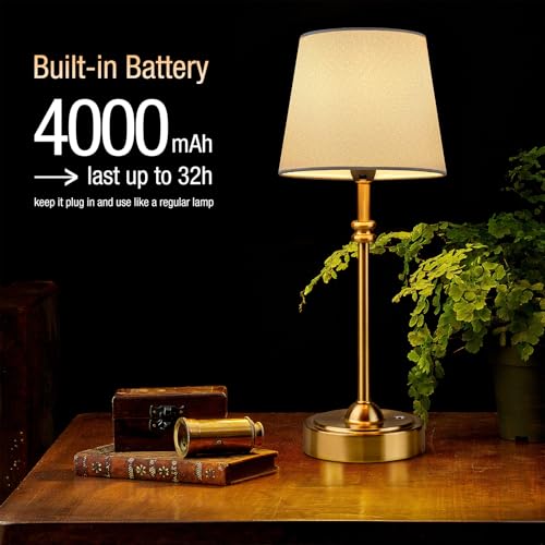 ONEWISH Cordless Lamp-Battery Operated Table lamp, 4000mAh Rechargeable, Stepless Dimmable, Small Touch Bedside Lamp with Fabric Shade, for Dining, Patio, Bathroom(Gold) - Thumbnail 2