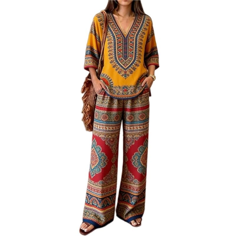Tenue ethnique imprimée 2 pièces avec haut col V et pantalon large respirant