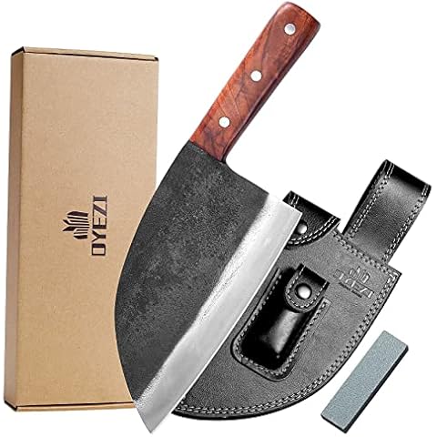 OYEZI Cuchillo de Chef de Acero al Carbono Forjado a Mano con Funda de Cuero Cover