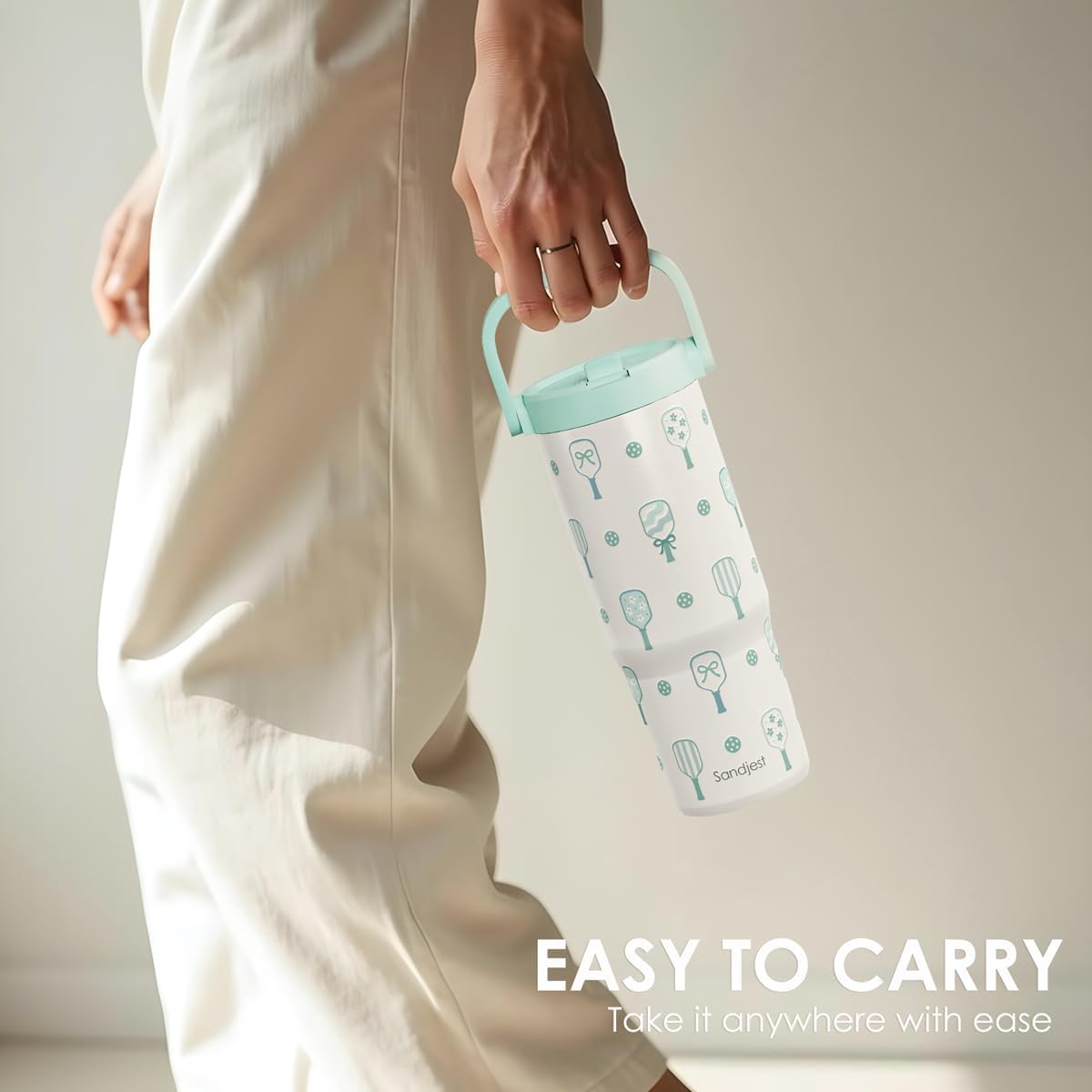 SANDJEST Pickleball Stainless Steel Straw Lid Tumbler 30oz with Carry Handle for Women Girls Adults, Insulated Travel Coffee Cup, Gift for Sports Outdoor Workout Christmas Birthday (Mint) - Image 5