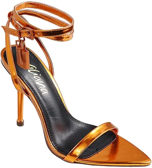 Liliana Women Pointy Open Toe Ankle Strap Stiletto Heel Sandal Metallic Shoes BANK-2A ORANGE 5.5