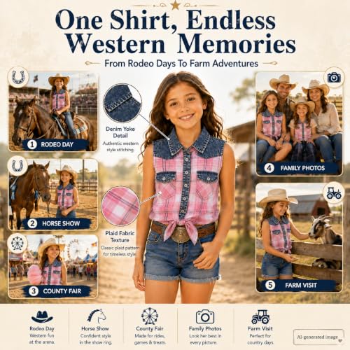 Image of Bienzoe Western Plaid Girls Shirt: Sleeveless Button Down | For girls who love cowgirl style, rodeo days, country concerts, summer comfort, family photos, horse shows, outdoor fun