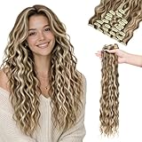GOO GOO Curly Clip in Hair Extensions Real Human Hair, 22 Inch 150g 9Pcs Elf Curly Clip-In Hair Extensions, 5E/22I Golden Blonde Highlights, Natural Curly for Women