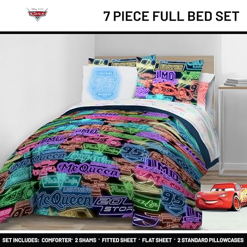 Image of Disney Pixar Cars McQueen Full Size Comforter Set 7 Piece Bedding, Black | Racecar, Kids Bed in a Bag, Comforter Sheets Shams Pillowcases, Official Product, Microfiber, Machine Washable, Boys Gift