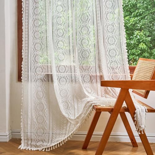 Image of MYSKY HOME White Lace Sheer Curtains with Tassels 63 inch Length 2 Panels Vintage Floral Bohemian French Crochet Geometry Striped Light Filtering Rod Pocket Drapes for Living Room Bedroom, 55 inch W