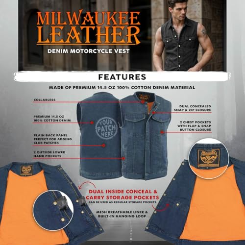 Image of Milwaukee Leather MDM3001 Men's 'Covert' Black Denim Collarless Club Style Motorcycle Biker Vest w /Dual Closure