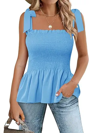 Micoson Ruffle Tank Tops for Women Summer Square Neck Sleeveless Tops Tie Shoulder Chiffon Blouse Babydoll Shirts