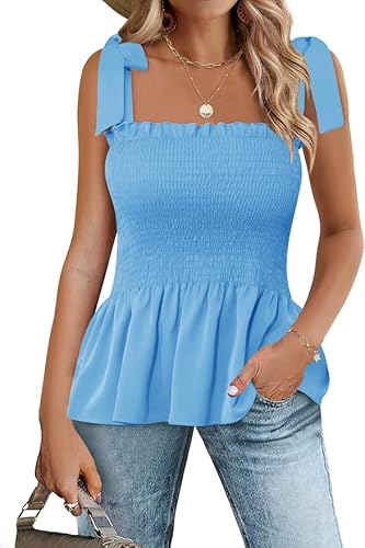 Micoson Ruffle Tank Tops for Women Summer Square Neck Sleeveless Tops Tie Shoulder Chiffon Blouse Babydoll Shirts
