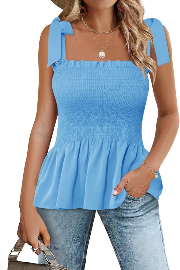 Micoson Ruffle Tank Tops for Women Summer Square Neck Sleeveless Tops Tie Shoulder Chiffon Blouse Babydoll Shirts
