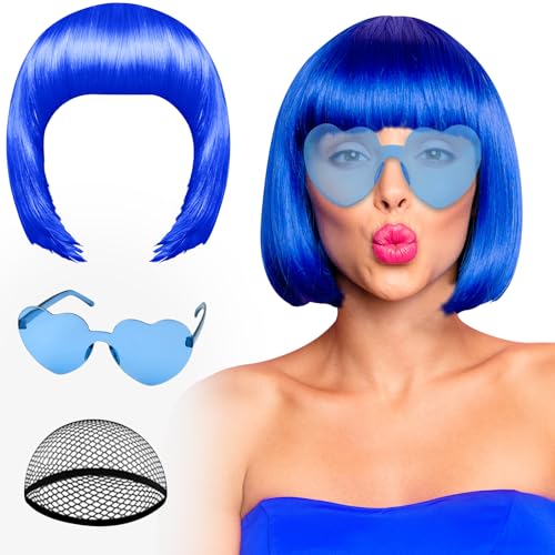 PLULON Blue Bob Wig and Sunglass Set Neon Short Bob Wig Sunglass Pack Costume Colorful Cosplay Hairpieces for Bachelorette Neon Party Favors Halloween Decorations