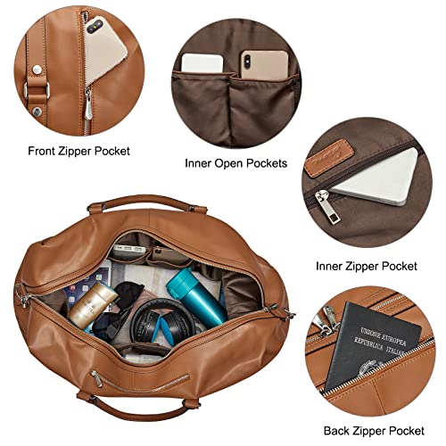 Image of S-ZONE Women Travel Duffel Weekender Carryon Shoulder Tote Bag Canvas PU Leather, C-Genuine Leather Brown, Large
