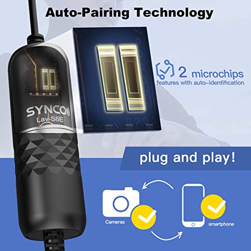SYNCO Lav S6E Lavalier-Microfono-Clip-Mic-Omnidirezionale 6 Metri / 19,7 Piedi, Microphone Compatibile per Fotocamera, Cellulari Smartphone, Computer