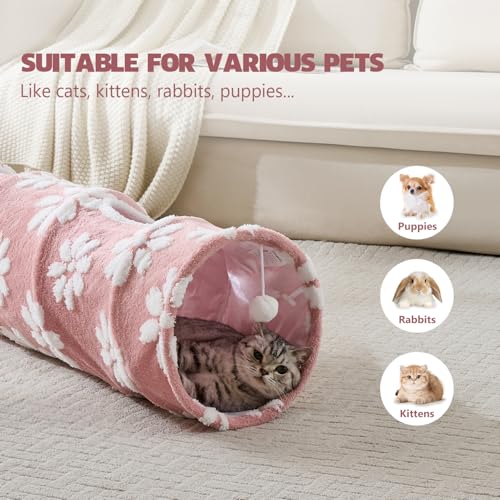 Image of Straight Cat Tunnel for Indoor Cats 47 inchx12 inch, Cute Cat Toys Collapsible Tunnel Tube with Balls for Puppy Kitten Rabbit, Pink Flower