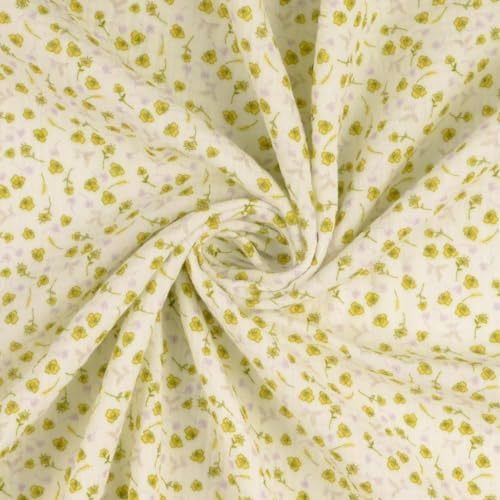 Tissu mousseline coton double gaze fleurs moutarde de 5 mètres pour couture
