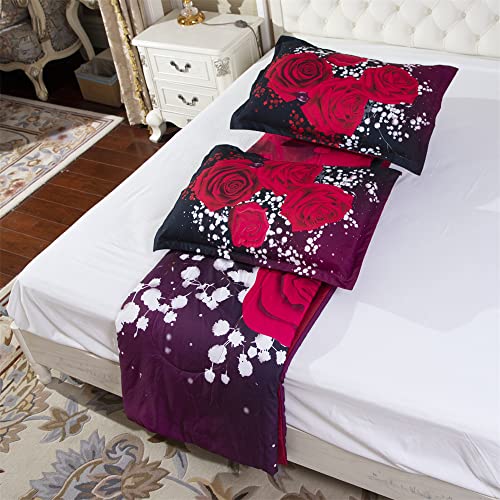 Aitazz Comforter Sets Queen Size Red Rose Romantic Wedding Bedding Set 3D Red Floral Bedding Quilt For Woman Lady Girls Wedding Decorations - Includes 1 Comforter, 2 Pillowcase #TOP4