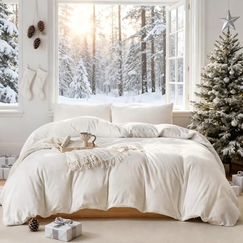 Image of WARMDERN White Velvet Duvet Cover Set Super King Size, Luxury Milk Velvet Bedding Duvet Cover with Zipper Closure, 3pcs Ultra Soft Duvet Covers for All Seasons, 120 inch x 120 inch, White