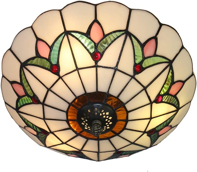Tiffany Style Stained Glass Ceiling Lamp - 16 Inch White Flush Mount Lighting Fixture