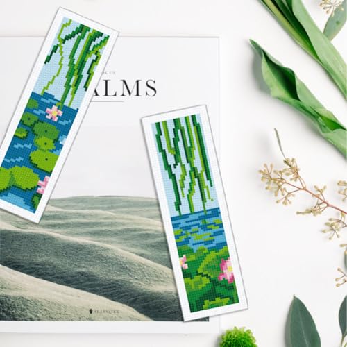 Image of INFUNLY 6 Set Water Lilies Cross Stitch Bookmark Kits 8 inchx2.4 inch DIY Willow Tree Embroidery Bookmark Kits for Beginners with Instruction Lotus Flowers Bookmark Making Kit for Book Lovers Readers Gifts