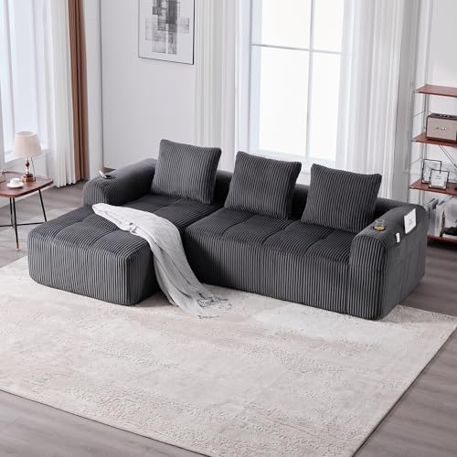 MODENVIE Modułowa sofa do spania z systemem łączenia DIY, wysokiej jakości szezlong z kieszenią boczną i 3 poduszkami, sofa z uchwytem na napoje, ciemnoszara