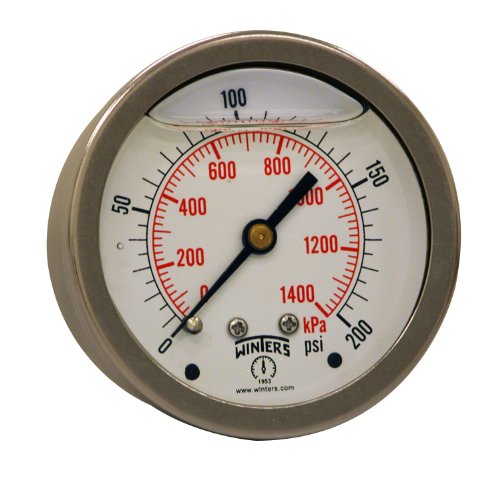 Image of Winters 2-1 /2 inch Dial Size, Liquid Filled Industrial Pressure Gauge, Brass Internals, 304 Stainless Steel Case, Dual Scale 0-200 psi /kPa, 1.5% Acc, 1 /4 inch NPT Back Mount, Glycerin Filled Pressure Gauge