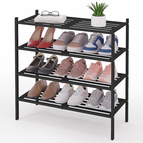 Image of Smiry Bamboo Shoe Rack, 5 Horizontal Slats, 4 Tier - 26.8 inch Wide, Black