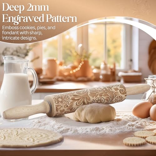 Image of Flexzion Embossed Rolling Pins with Patterns for Baking, 7.7-inch Engraved Wooden Rolling Pin with Snowflake Flower Pattern Rolling Pin for Baking Pastry Pizza Dough Fondant Cookie Pie Crust Pasta
