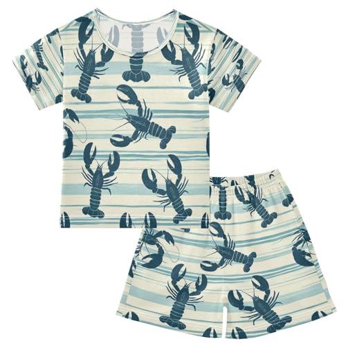 Pajama Sets Short Sleeve Lobster Pattern on Blue Background Soft Cotton Summer Sleepwear 2 Piece PJS Size 5-14T