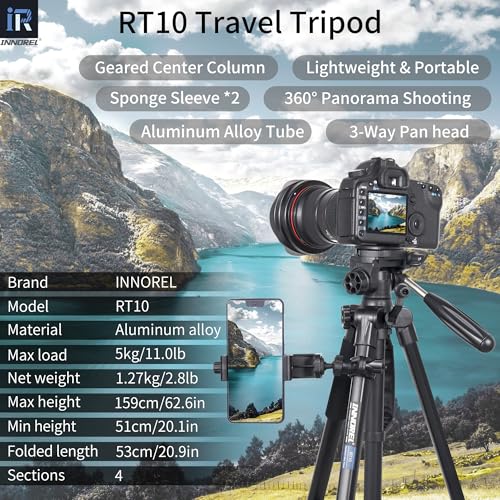 Image of INNOREL 62 inch Camera Tripod with Carry Bag, Lightweight Travel Aluminum Professional Tripod Stand (11lb /5kg Load) with Tube Holder and Phone Clip for DSLR, Cellphone, Canon, Nikon, Sony and DV RT10