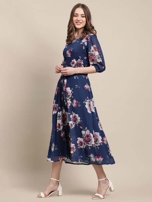 Preneum Women's Maxi Fit & Flare Latest Style Print Georgette Regular Sleeves Casual Summer Maxi Dress || Festival & Occasion, Light Blue, 2Xl