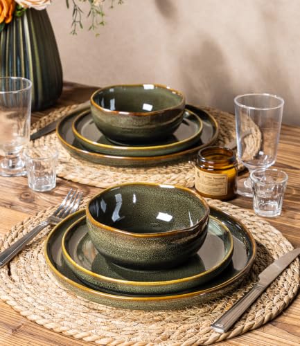 Image of TheTerra Ceramic Dinnerware Sets for 4, 12 Pieces Porcelain Lightweight Plates and Bowls Sets, Scratch Resistant Dish Set, Oven & Microwave & Dishwasher Safe, Olive Moss