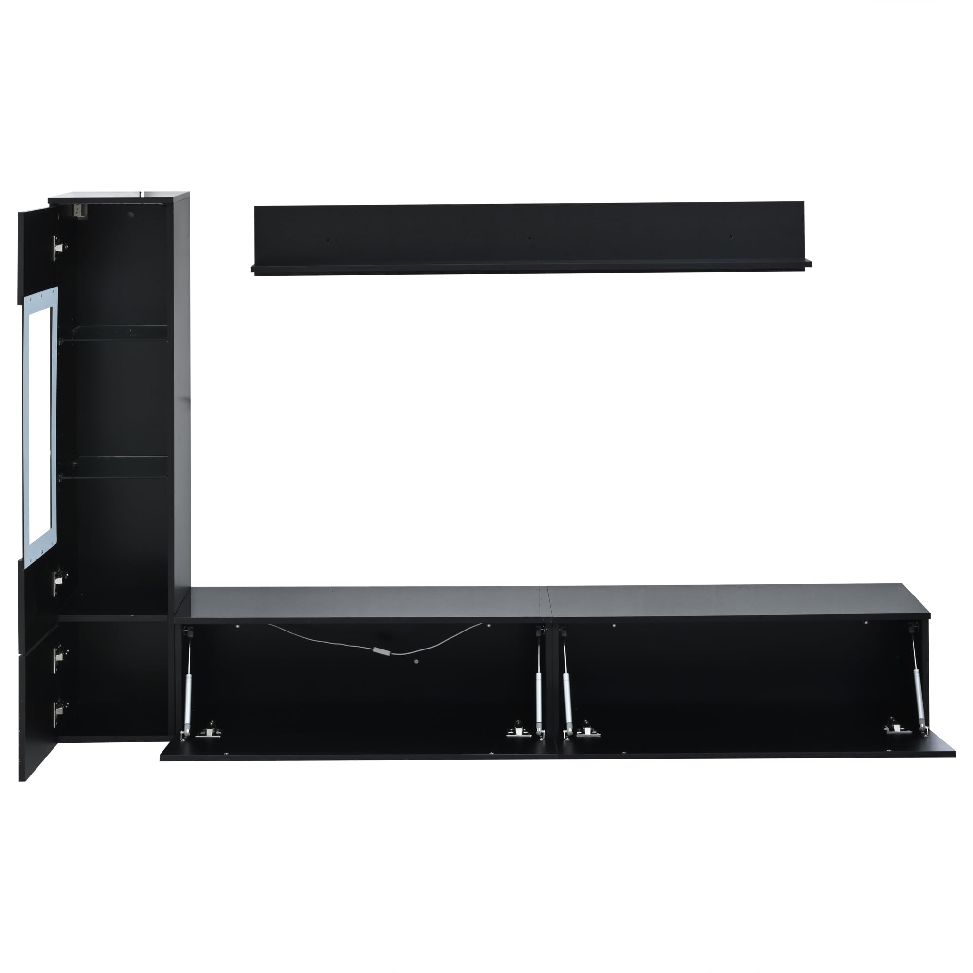 TIZZ Juego de pared para TV (3 piezas, iluminación LED, 1 armario de TV de hasta 80 pulgadas, 1 vitrina para salón, 1 estante colgante), color negro brillante