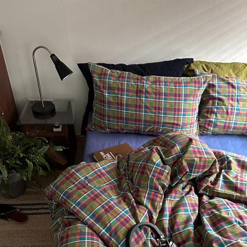 Image of MKXI Buffalo Plaid Duvet Cover Set 3 Piece Vintage Bedding in Kelly Green, Navy & Red | 100% Washed Cotton Reversible Design with Zipper Closure & Corner Ties,Shabby Chic Aesthetic for Queen