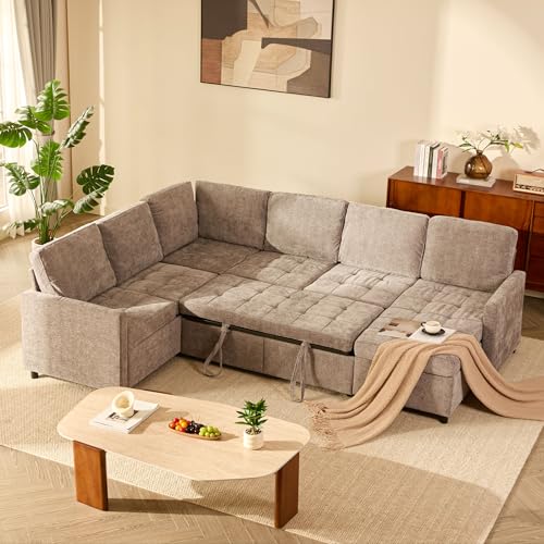 107″ Modular Sectional Sleeper Sofa with Pull Out Bed, U Shaped Sectional Couch with Storage, Extra Wide & Deep Seat Couches for Living Room, Removable Sofa Cover, Chenille, Slate