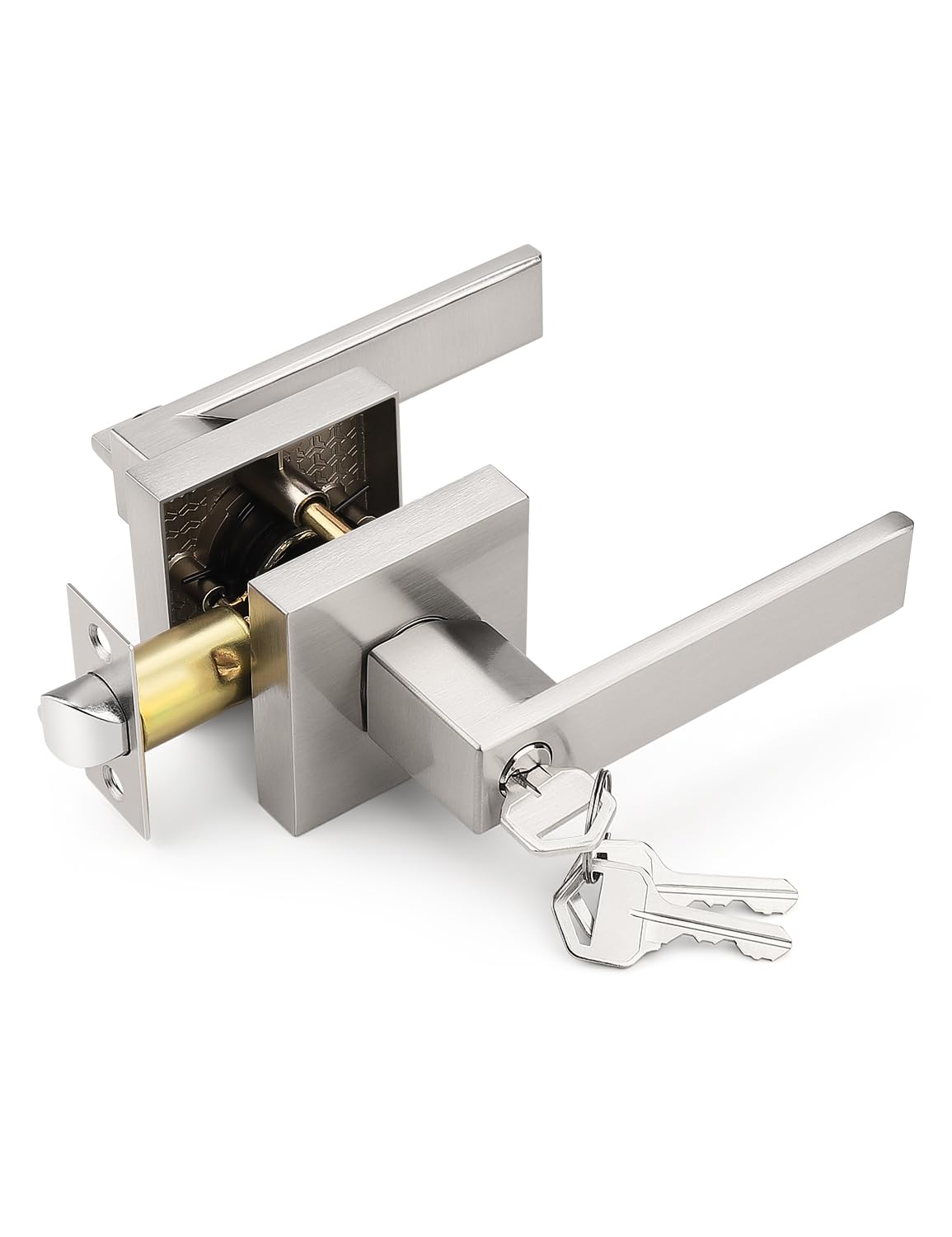 Tinewa Square Entry Door Lever with Lock and Key, Brushed Nickel Entrance Door Handles, for Exterior or Interior Doors,1 Pack (Each with 3 Keys)