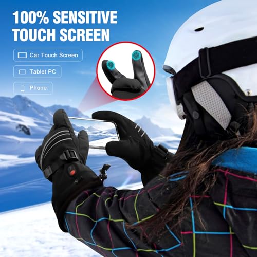 Heated Ski Gloves for Men and Women - 7.4V Battery, 3 Heat Levels, Waterproof Touchscreen for Outdoor Activities