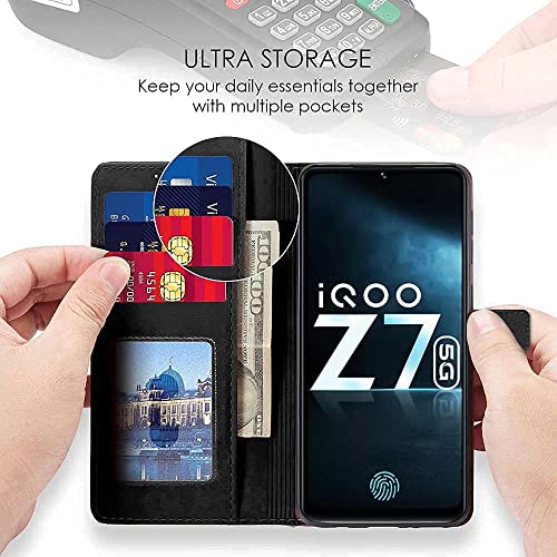 Image of WOW IMAGINE Shock Proof Flip Cover Back Case Cover for iQOO Z7 5G | iQOO Z7s 5G (Flexible | Leather Finish | Card Pockets Wallet & Stand | Black)
