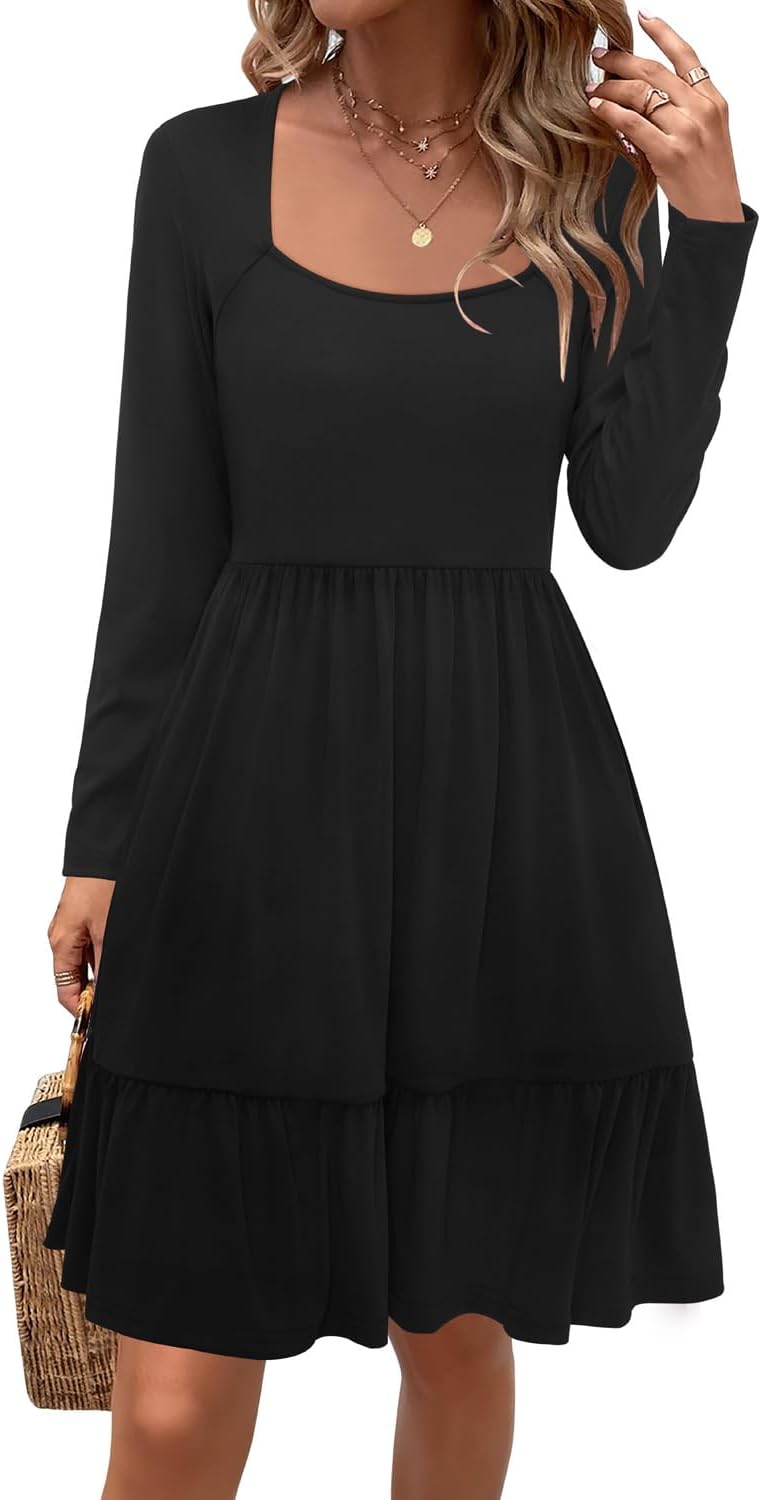 Newshows Women 2025 Summer Dress Square Neck Formal Short Sleeve Business Casual Outfits Ruffle Spring Pockets Sundress