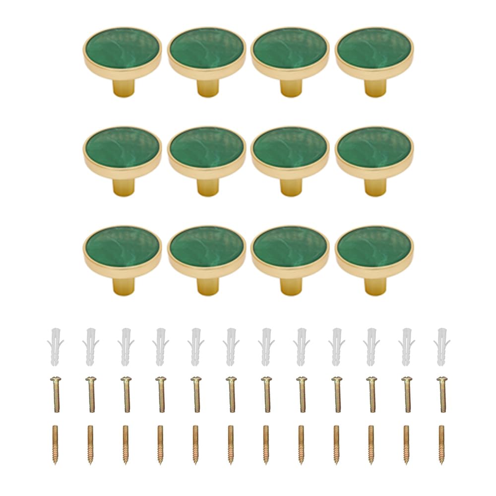 TopHomer 12 Pack Pull Handles, Green Round Cabinet Knobs, 32 x 25mm Single Hole Drawer Door Handles with Screw for Wardrobe Cupboard Dresser Furniture